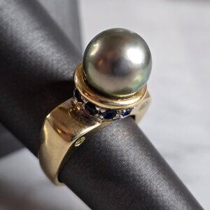 Womens Vintage Estate 14K Gold Pearl & Sapphire Ring 9.4g E7388